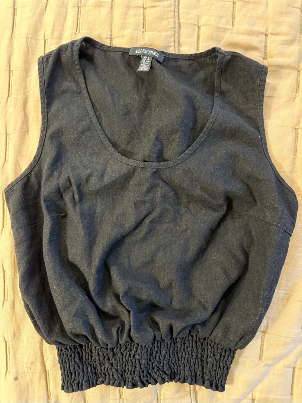 Ellen Tracy Women's Black Linen Smocked Waist Sleeveless Tank Top Scoop Neck S